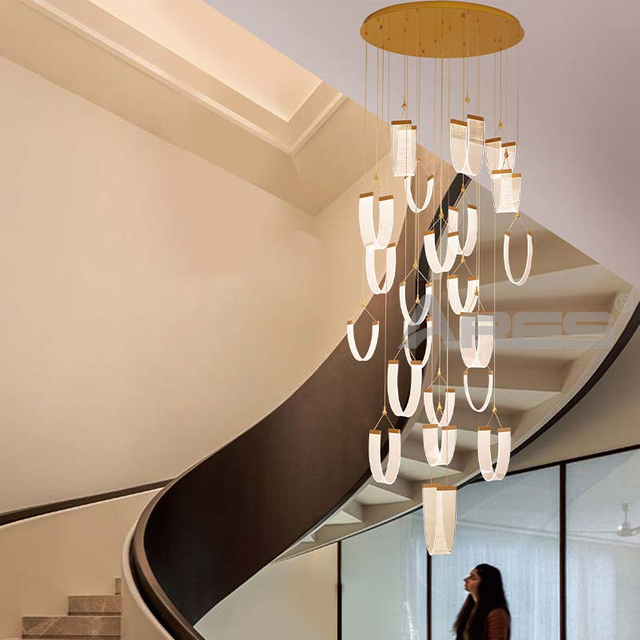 Modern Luxury Indoor Gold Large Stairwell Stair Lighting Crystal Hotel Lobby Staircase Clear Crystal Chandelier Stair Lamp AD2306