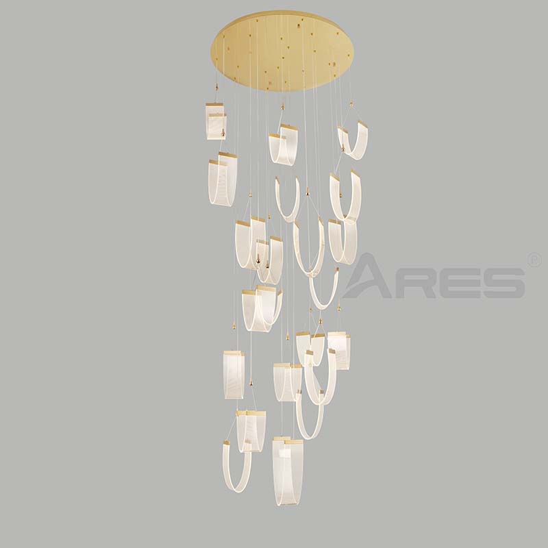 Modern Luxury Indoor Gold Large Stairwell Stair Lighting Crystal Hotel Lobby Staircase Clear Crystal Chandelier Stair Lamp AD2306